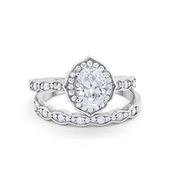 Two Piece Vintage Style Simulated CZ Wedding Ring 925 Sterling Silver